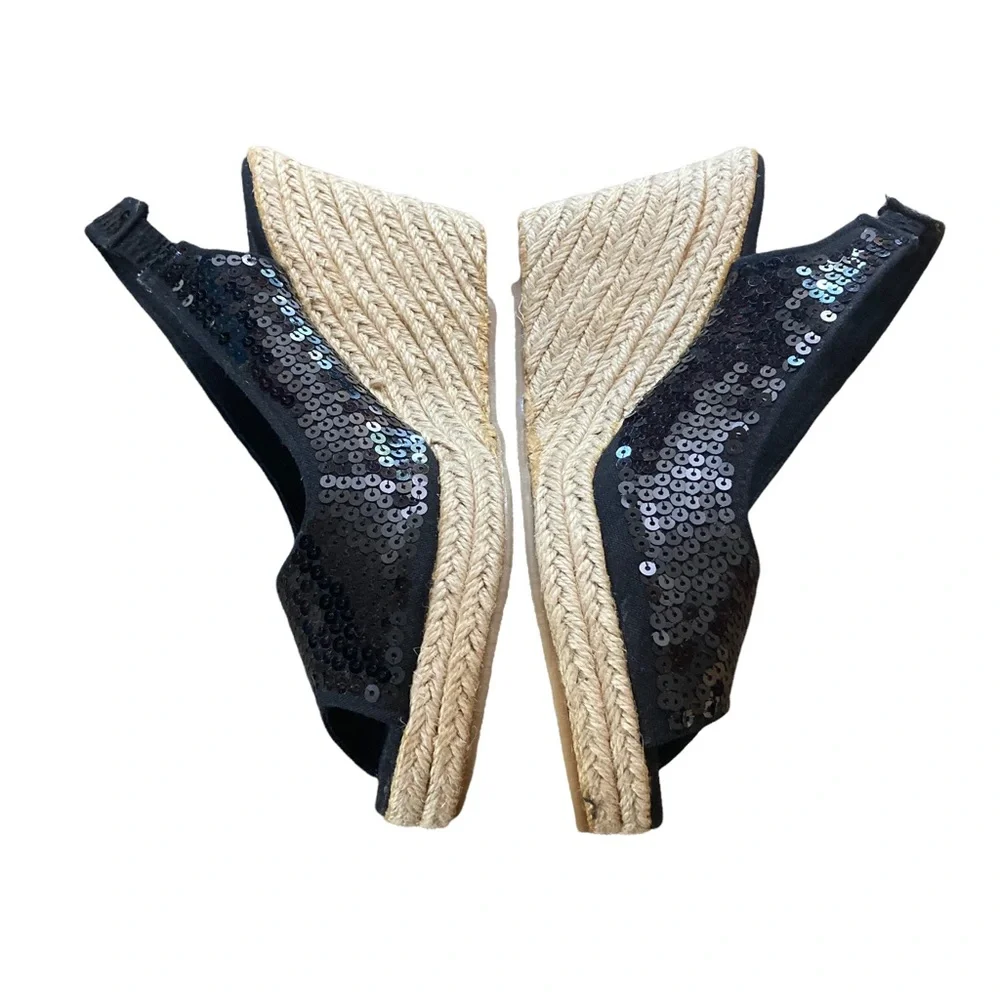 Ilse Jacobsen Size 40US Size 9.5-10 Black Danish Made Sequined Espadrille Wedges